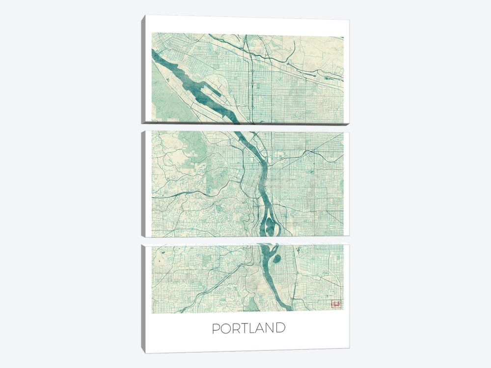 Portland Vintage Blue Watercolor Urban Blueprint Map by Hubert Roguski 3-piece Art Print