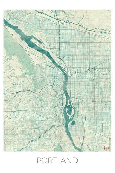 Large Map Art - Canvas Prints: Portland Vintage Blue Watercolor Urban Blueprint Map by Hubert Roguski
