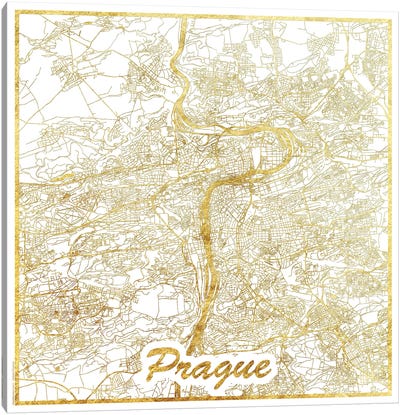 Prague Gold Leaf Urban Blueprint Map Canvas Art Print - Gold & White Art