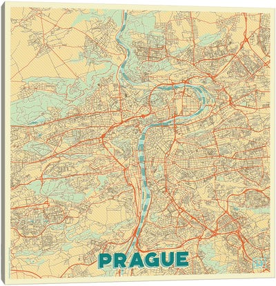 Prague Retro Urban Blueprint Map Canvas Art Print - Czech Republic Art
