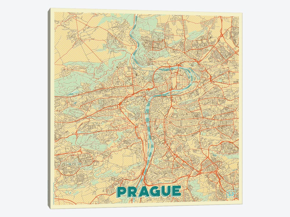 Prague Retro Urban Blueprint Map by Hubert Roguski 1-piece Art Print