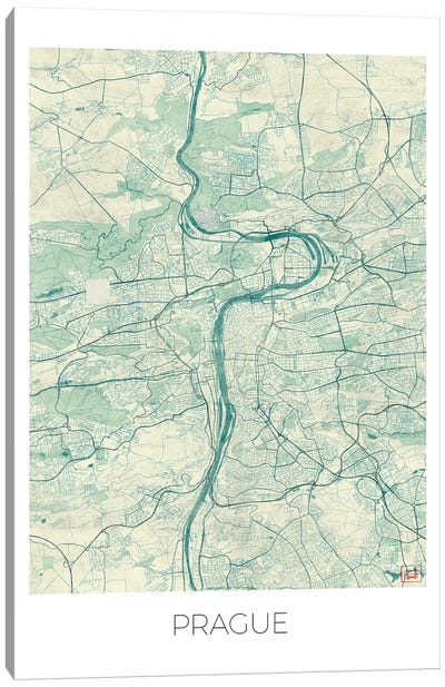 Prague Vintage Blue Watercolor Urban Blueprint Map Canvas Art Print - Hubert Roguski