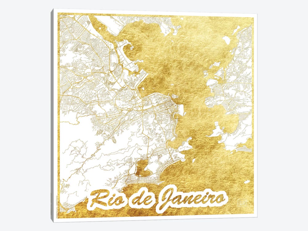 Rio De Janeiro Gold Leaf Urban Blueprint Map by Hubert Roguski 1-piece Canvas Art