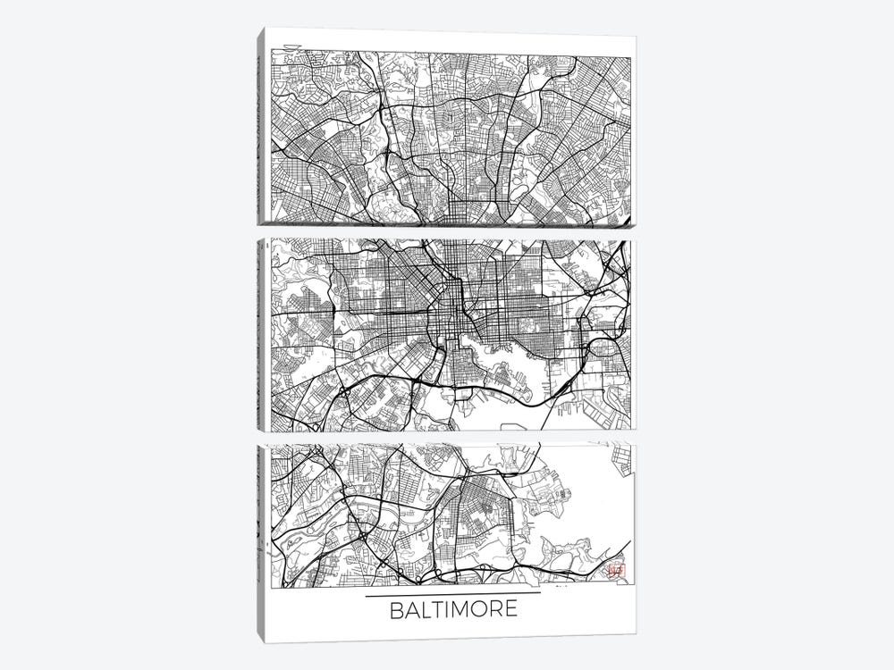 Baltimore Minimal Urban Blueprint Map by Hubert Roguski 3-piece Canvas Art