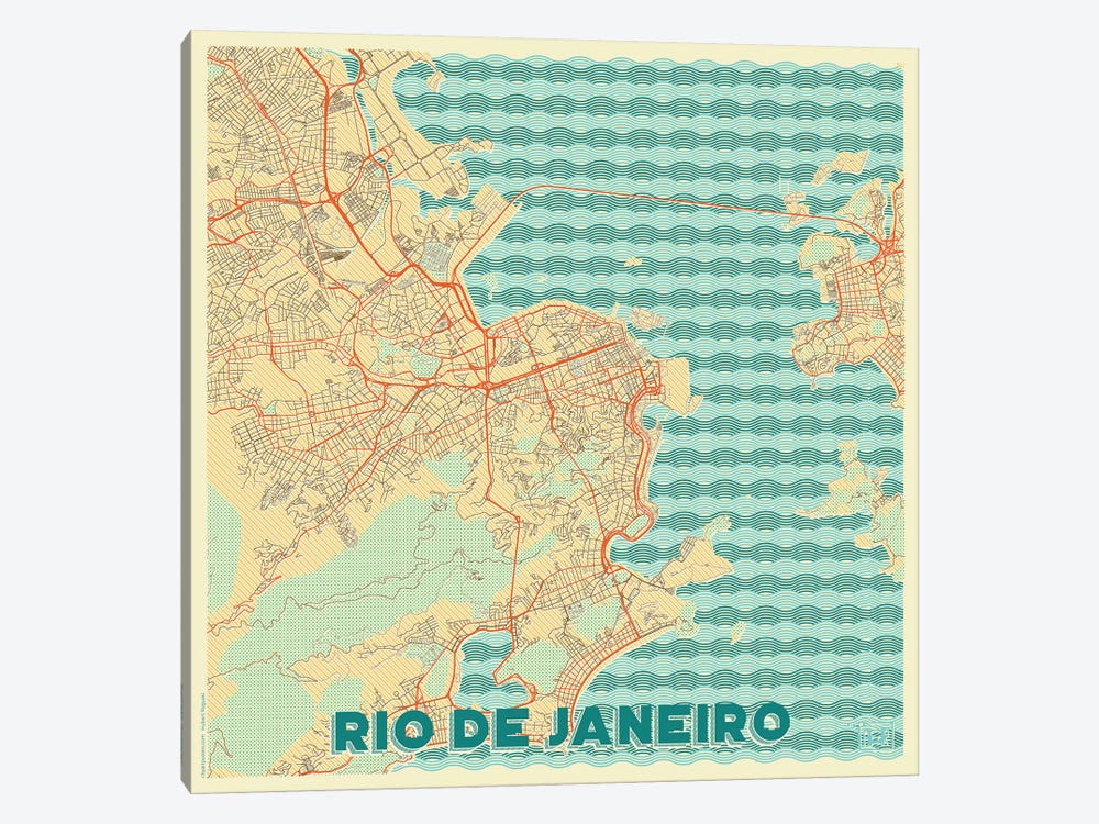 Rio De Janeiro Retro Urban Blueprint Map by Hubert Roguski 1-piece Canvas Artwork