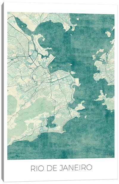 Rio De Janeiro Vintage Blue Watercolor Urban Blueprint Map Canvas Art Print - Rio de Janeiro Art