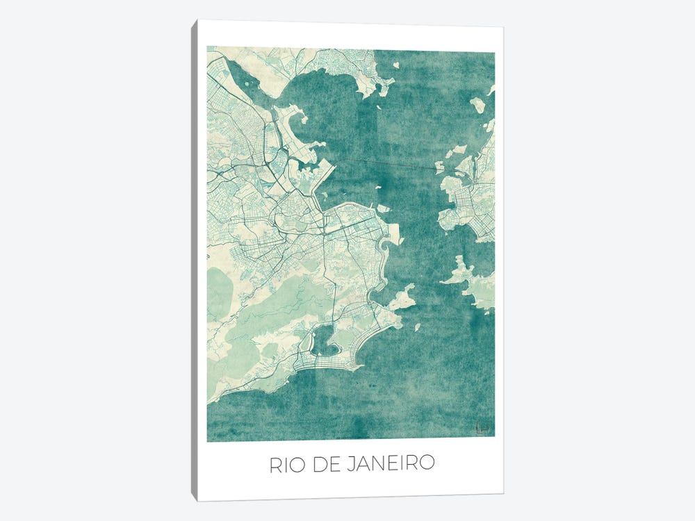 Rio De Janeiro Vintage Blue Watercolor Urban Blueprint Map by Hubert Roguski 1-piece Canvas Art Print