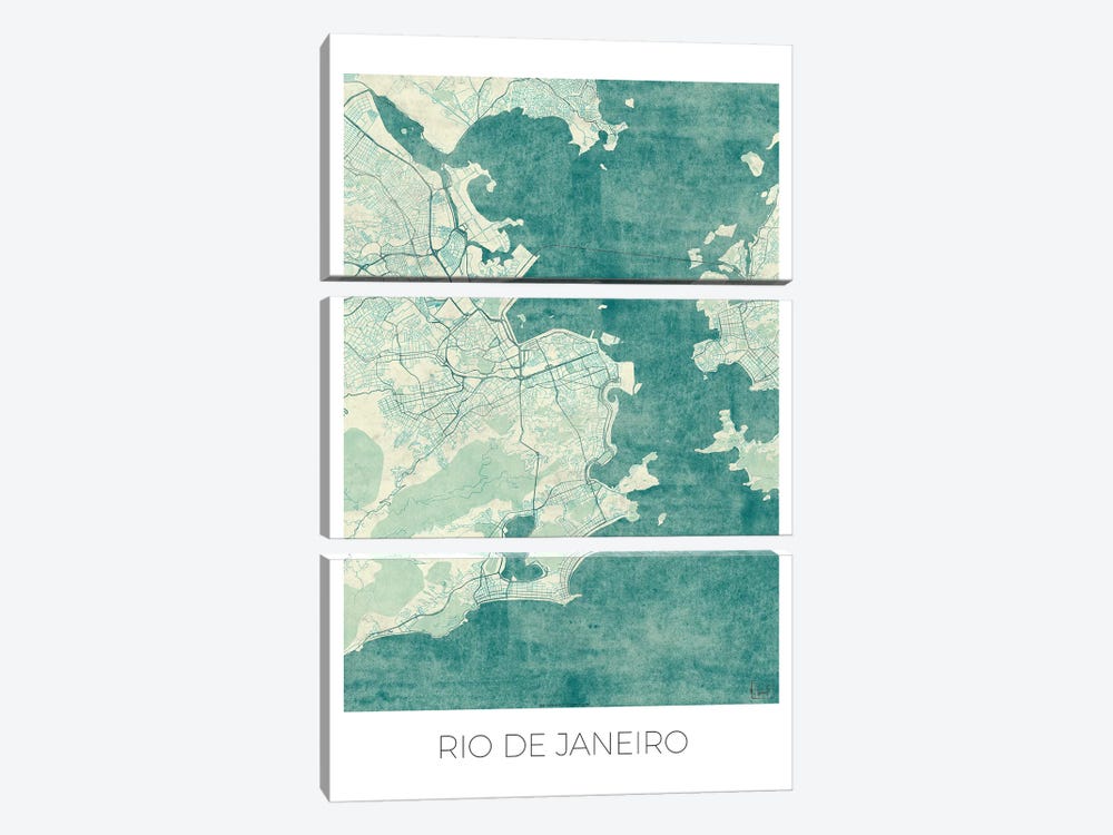 Rio De Janeiro Vintage Blue Watercolor Urban Blueprint Map by Hubert Roguski 3-piece Art Print