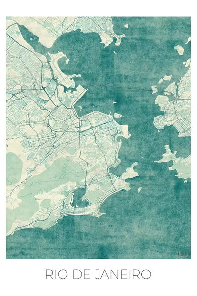 South America: Rio De Janeiro Vintage Blue Watercolor Urban Blueprint Map by Hubert Roguski
