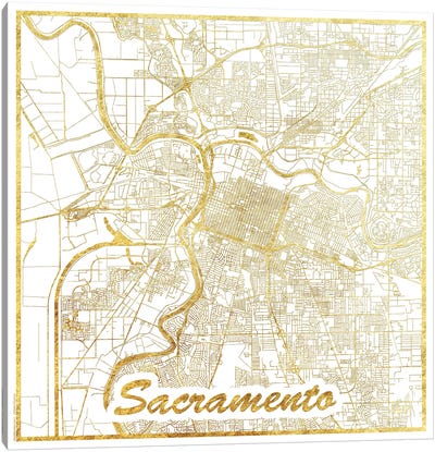 Sacramento Gold Leaf Urban Blueprint Map Canvas Art Print - Gold & White Art