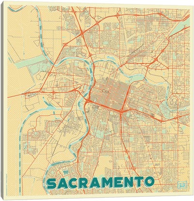 Sacramento Retro Urban Blueprint Map Canvas Art Print - Hubert Roguski