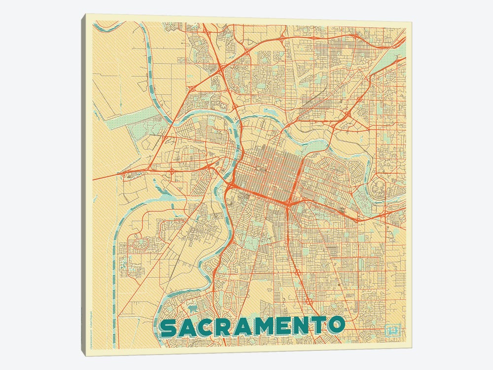 Sacramento Retro Urban Blueprint Map by Hubert Roguski 1-piece Canvas Art Print