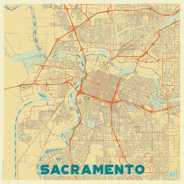 Hubert Roguski: Sacramento Retro Urban Blueprint Map by Hubert Roguski
