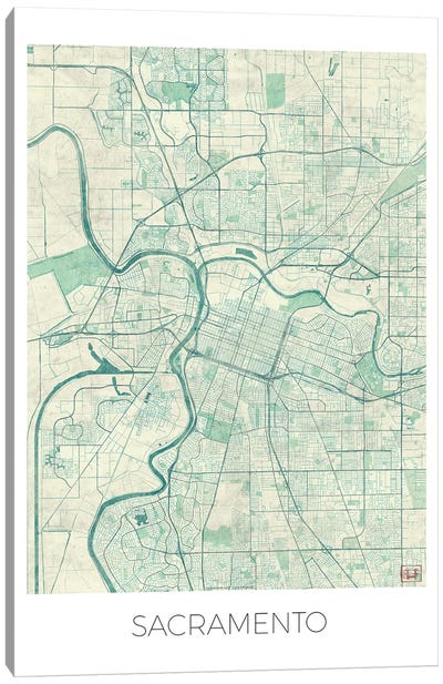 Sacramento Vintage Blue Watercolor Urban Blueprint Map Canvas Art Print - Hubert Roguski