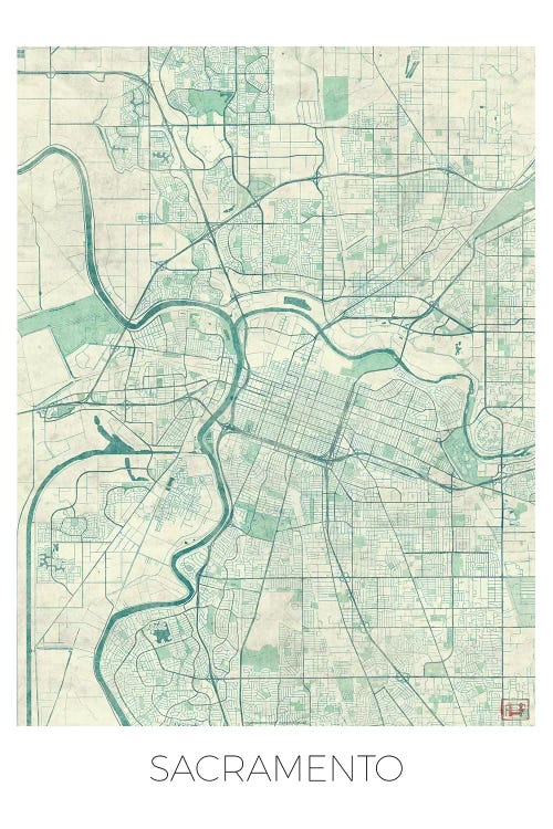 Sacramento Vintage Blue Watercolor Urban Blueprint Map