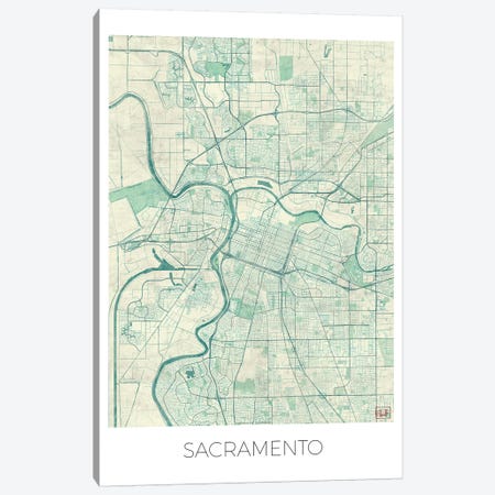 Sacramento Vintage Blue Watercolor Urban Blueprint Map Canvas Print #HUR326} by Hubert Roguski Canvas Art