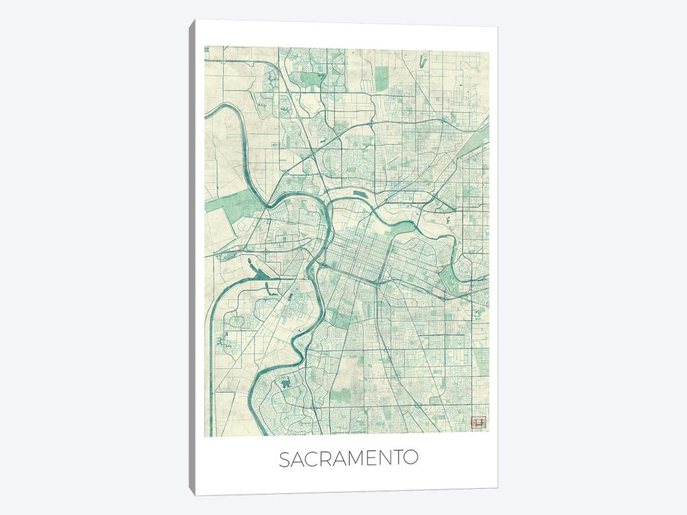 Sacramento Vintage Blue Watercolor Urban Blueprint Map by Hubert Roguski 1-piece Canvas Art