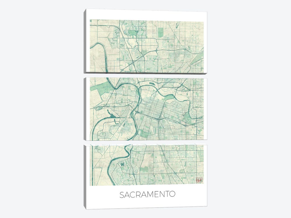 Sacramento Vintage Blue Watercolor Urban Blueprint Map 3-piece Canvas Wall Art
