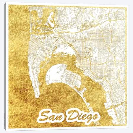 San Diego Gold Leaf Urban Blueprint Map Canvas Print #HUR327} by Hubert Roguski Canvas Wall Art