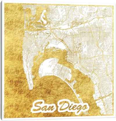 San Diego Gold Leaf Urban Blueprint Map Canvas Art Print - Gold & White Art