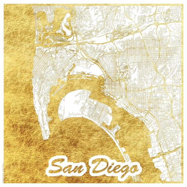 Hubert Roguski: San Diego Gold Leaf Urban Blueprint Map by Hubert Roguski