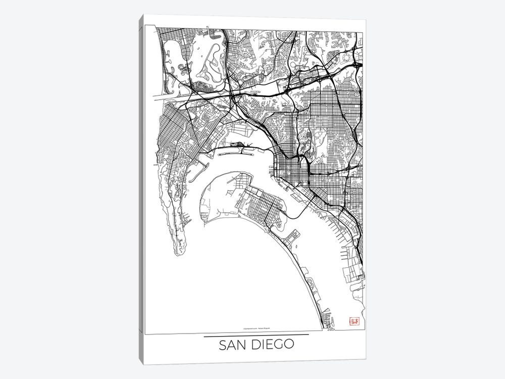 San Diego Minimal Urban Blueprint Map by Hubert Roguski 1-piece Canvas Art