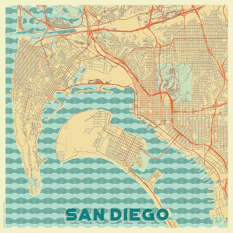 San Diego Retro Urban Blueprint Map by Hubert Roguski canvas print