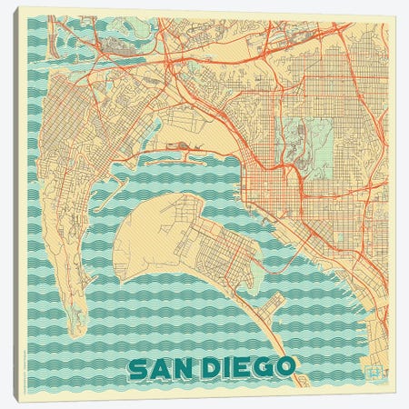 San Diego Retro Urban Blueprint Map Canvas Print #HUR330} by Hubert Roguski Canvas Wall Art