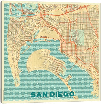 San Diego Retro Urban Blueprint Map Canvas Art Print - San Diego Art