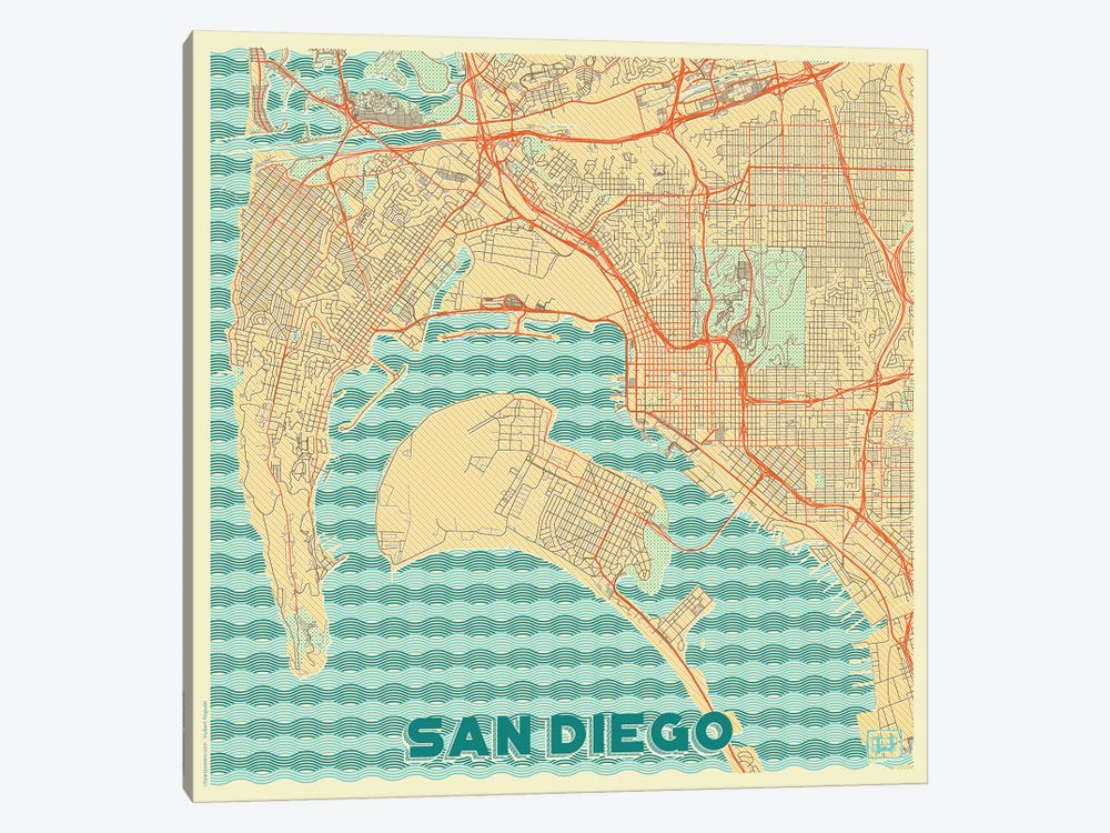 San Diego Retro Urban Blueprint Map by Hubert Roguski 1-piece Art Print