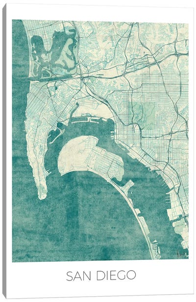 San Diego Vintage Blue Watercolor Urban Blueprint Map Canvas Art Print - California Art