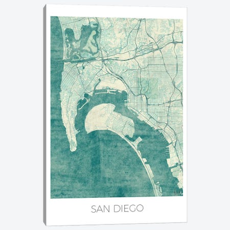 San Diego Vintage Blue Watercolor Urban Blueprint Map Canvas Print #HUR331} by Hubert Roguski Canvas Art