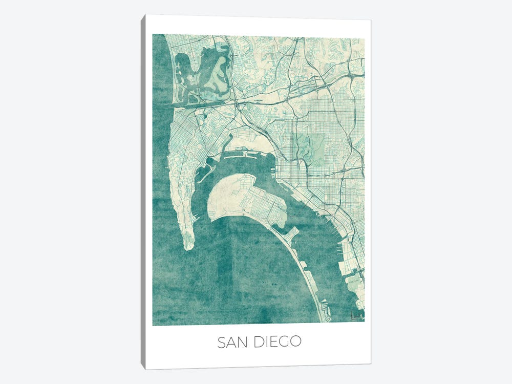 San Diego Vintage Blue Watercolor Urban Blueprint Map by Hubert Roguski 1-piece Canvas Wall Art