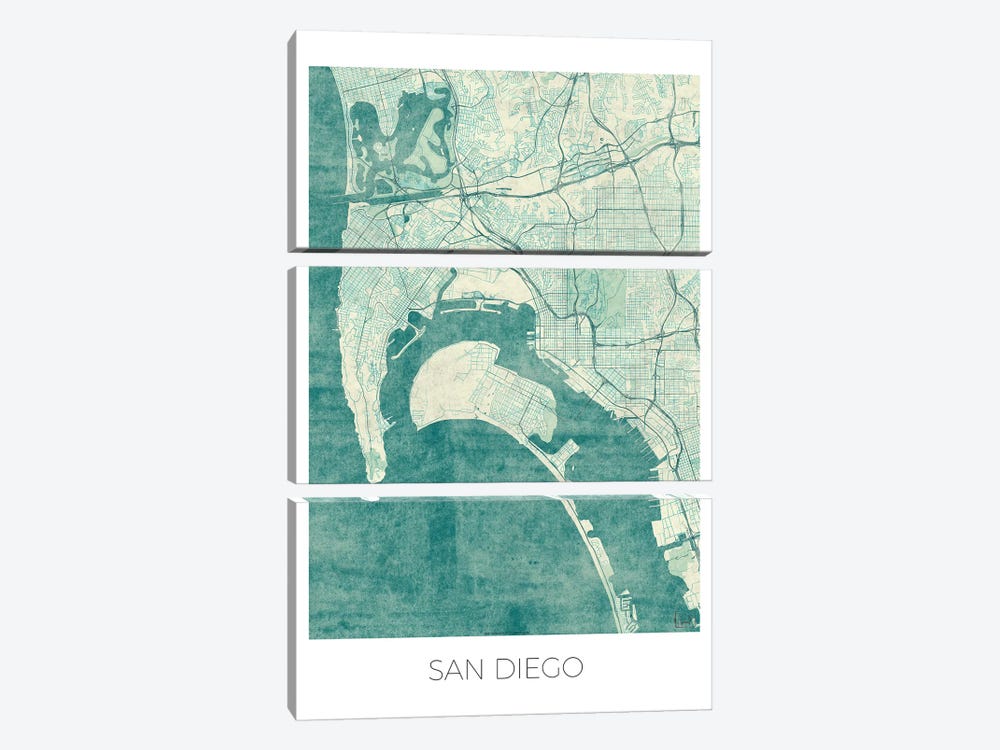 San Diego Vintage Blue Watercolor Urban Blueprint Map by Hubert Roguski 3-piece Canvas Wall Art