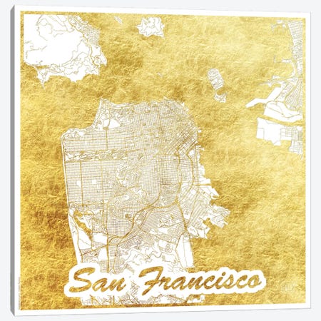 San Francisco Gold Leaf Urban Blueprint Map Canvas Print #HUR332} by Hubert Roguski Canvas Artwork