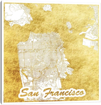 San Francisco Gold Leaf Urban Blueprint Map Canvas Art Print - Gold & White Art