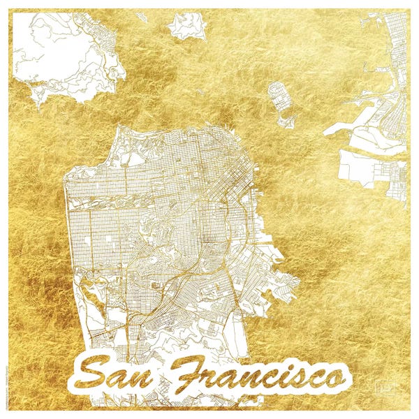 San Francisco Maps: San Francisco Gold Leaf Urban Blueprint Map by Hubert Roguski