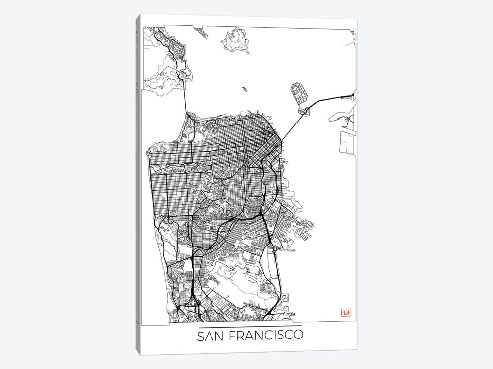 San Francisco Minimal Urban Blueprint Map by Hubert Roguski 1-piece Canvas Wall Art