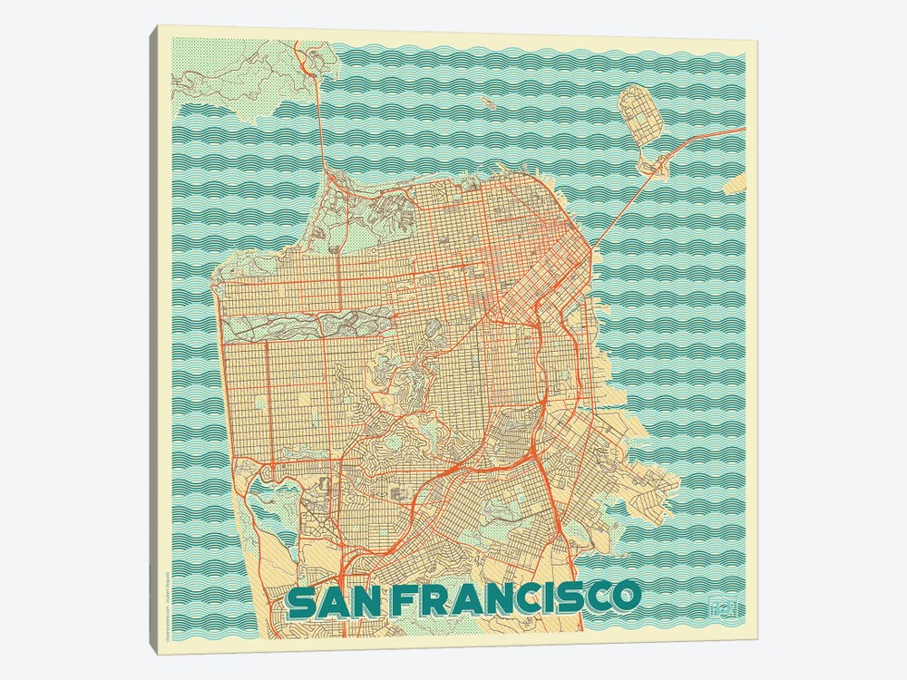 San Francisco Retro Urban Blueprint Map by Hubert Roguski 1-piece Canvas Art