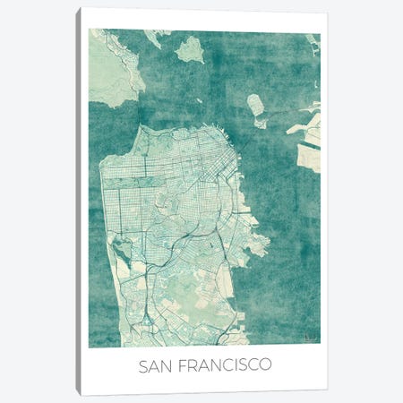 San Francisco Vintage Blue Watercolor Urban Blueprint Map Canvas Print #HUR336} by Hubert Roguski Canvas Print