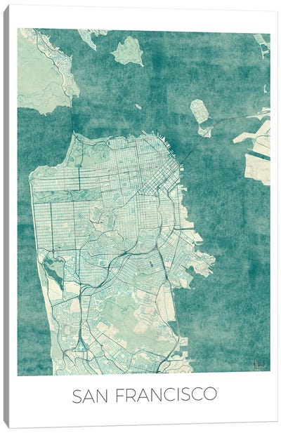 San Francisco Vintage Blue Watercolor Urban Blueprint Map Canvas Art Print - San Francisco Maps