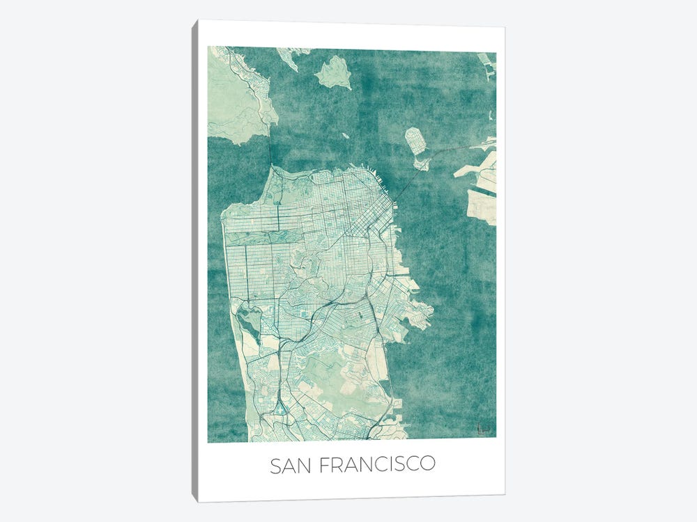San Francisco Vintage Blue Watercolor Urban Blueprint Map by Hubert Roguski 1-piece Canvas Print