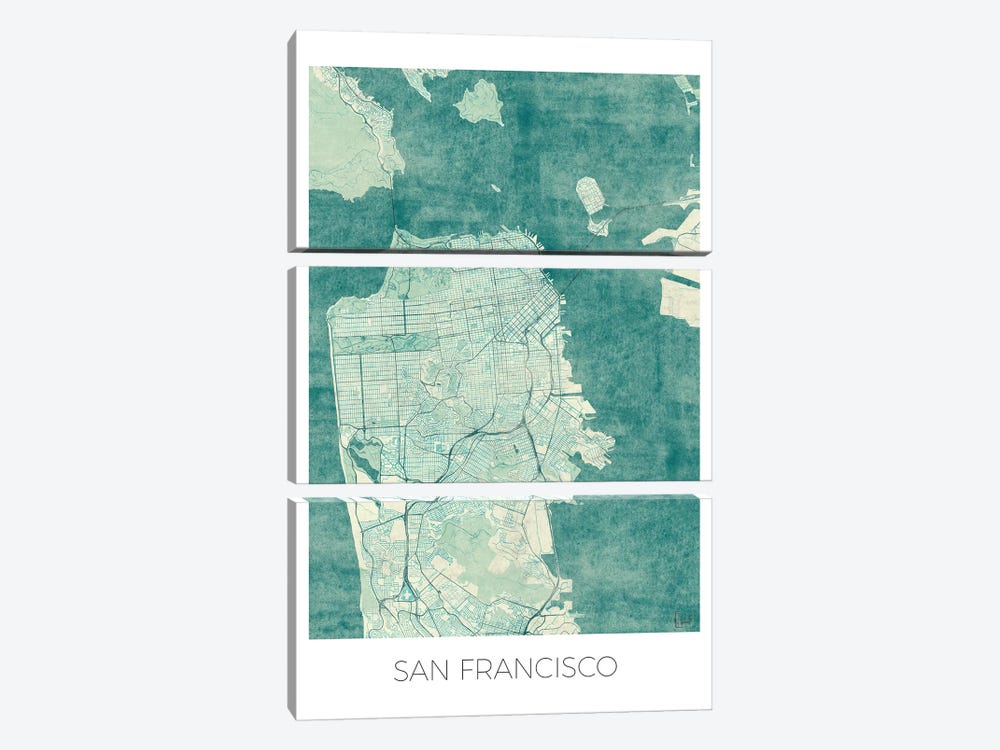 San Francisco Vintage Blue Watercolor Urban Blueprint Map by Hubert Roguski 3-piece Art Print