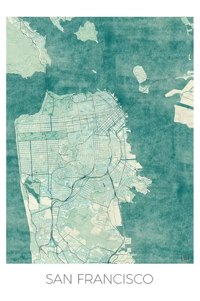 Hubert Roguski: San Francisco Vintage Blue Watercolor Urban Blueprint Map by Hubert Roguski