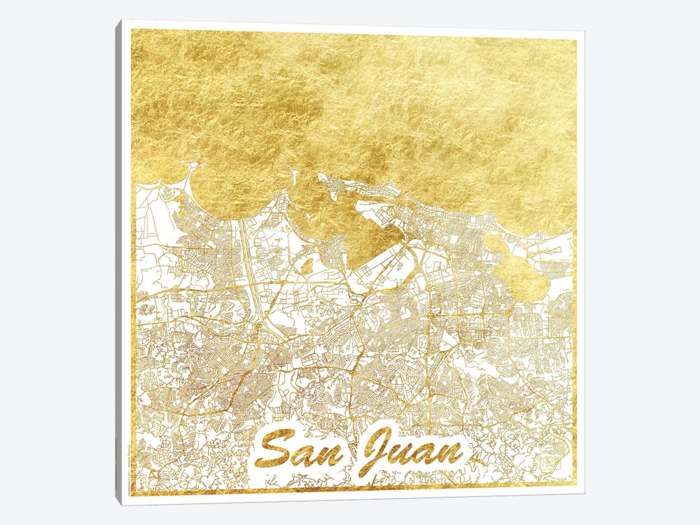 San Juan Gold Leaf Urban Blueprint Map by Hubert Roguski 1-piece Canvas Artwork