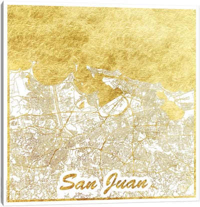 San Juan Gold Leaf Urban Blueprint Map Canvas Art Print - Gold & White Art