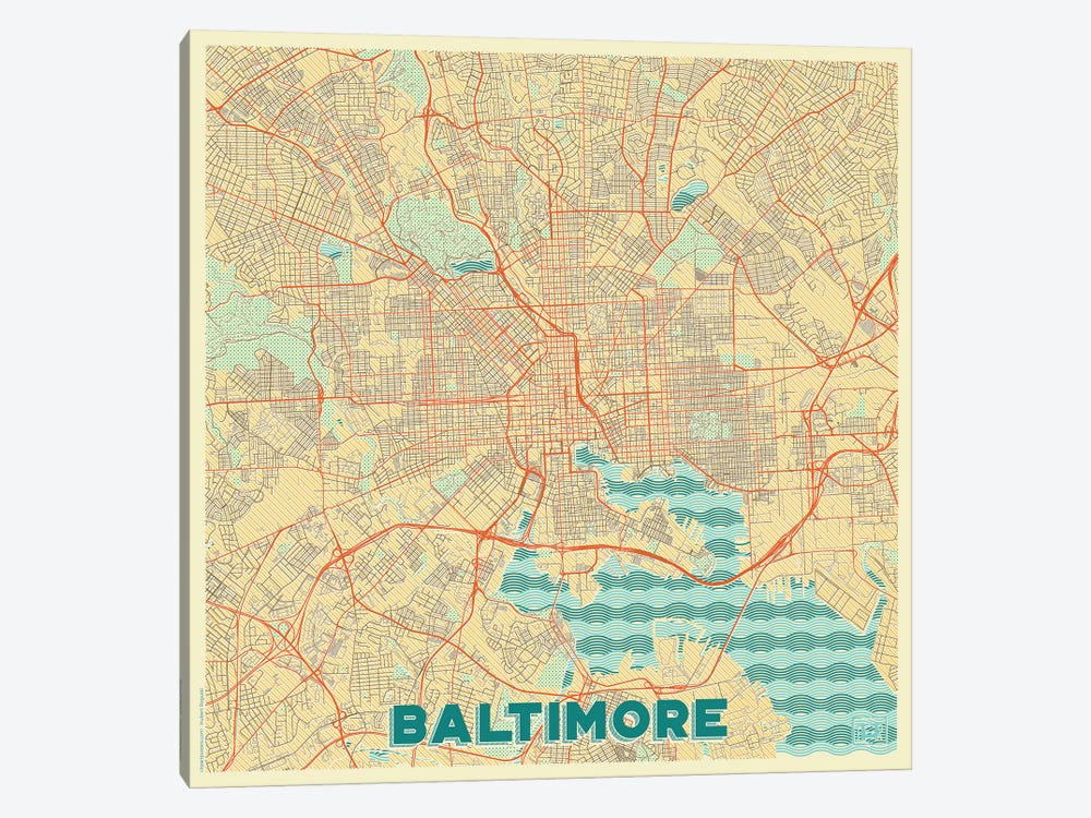 Baltimore Retro Urban Blueprint Map by Hubert Roguski 1-piece Canvas Art