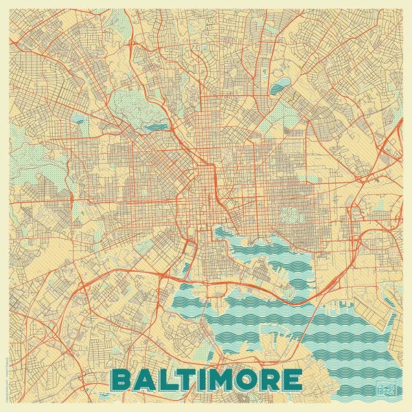 Hubert Roguski: Baltimore Retro Urban Blueprint Map by Hubert Roguski