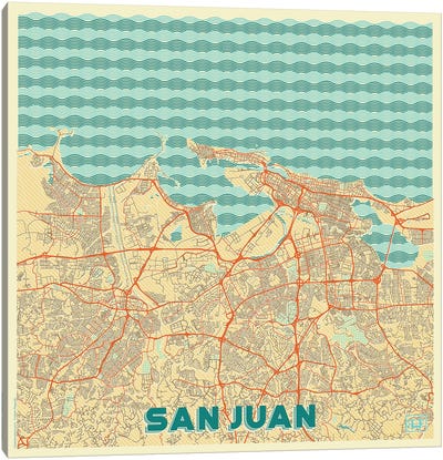 San Juan Retro Urban Blueprint Map Canvas Art Print - Puerto Rico Art