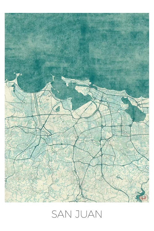 San Juan Vintage Blue Watercolor Urban Blueprint Map